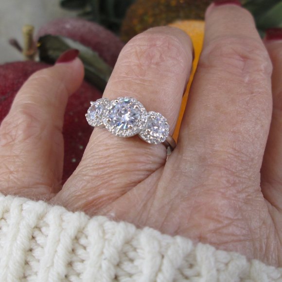Brilliant Cut Simulated Diamond 3 Stone Sterling Ring>Halo set,CZ Wedding Band - Picture 1 of 5